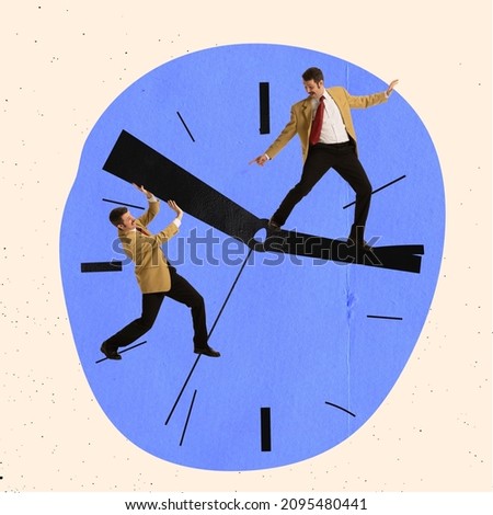 Creative design. Contemporary art collage of businessmen pushing clock hand to stop time. Deadlines. Concept of business, team work, projects, career growth, time management. Copy space for ad Royalty-Free Stock Photo #2095480441