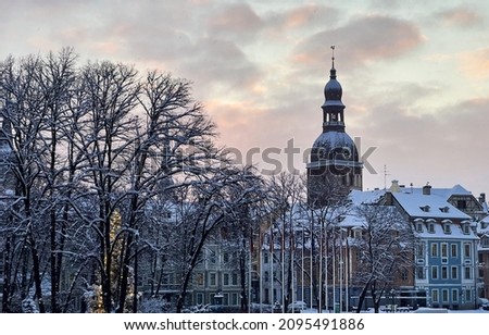 Snow scene in city with view on Orthodox church. High quality photo Royalty-Free Stock Photo #2095491886