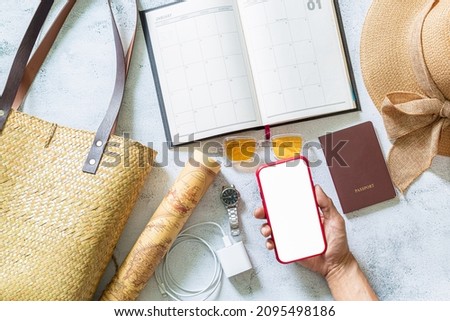 travel and tourism equipment,Straw hat, map, plane, sunglasses and magnifying glass on pastel background. Summer holiday, vacation, travel concept. Flat lay, top view, copy space. Banner