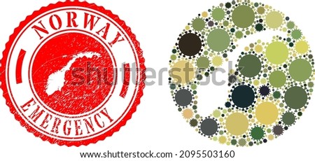 Vector collage Norway map of flu virus icons and grunge EMERGENCY stamp. Mosaic geographic Norway map constructed as stencil from round shape with flu virus items in khaki army colors.