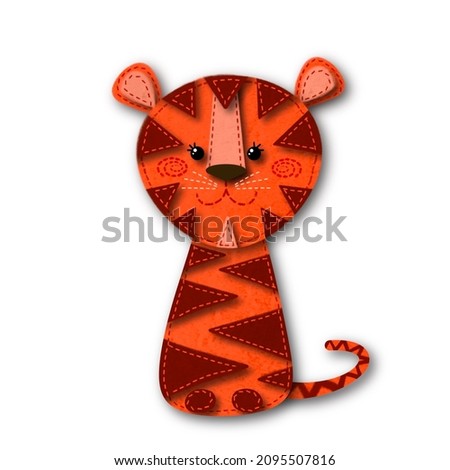 Cute tiger cub character. Hand drawing imitation of a soft toy made of felt. Cartoon illustration. The cartoon. Symbol of the Chinese New Year.