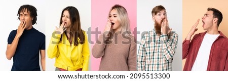 Set of people yawning and covering wide open mouth with hand