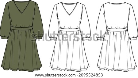 Vector long sleeve mini dress technical drawing, woman v neck dress with balloon sleeve fashion CAD, sketch, template, flat. Jersey or woven fabric dress with front, back view, white and khaki color Royalty-Free Stock Photo #2095524853