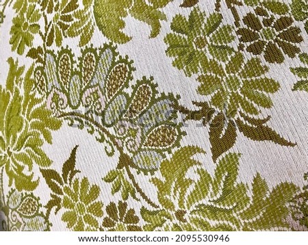 Vintage Green and White Damask Upholstery Pattern Fabric Woven Brocade Design Background Wallpaper Retro Floral Flower Abstract  