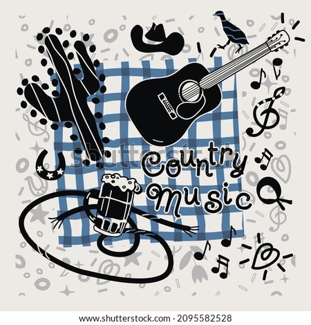 country music card with guitar, treble clef and musical notes, vector design for paper, fabric and other surface