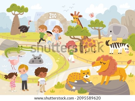 Families with minor children walking around Zoo to see animals. Zoo trip. Family spending the day visiting Zoo with kids to learn about the wildlife animals. Family outing. People walking in Zoo. Royalty-Free Stock Photo #2095589620