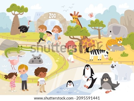 Families with minor children walking around Zoo to see animals. Zoo trip. Family spending the day visiting Zoo with kids to learn about the wildlife animals. Family outing. People walking in Zoo. Royalty-Free Stock Photo #2095591441