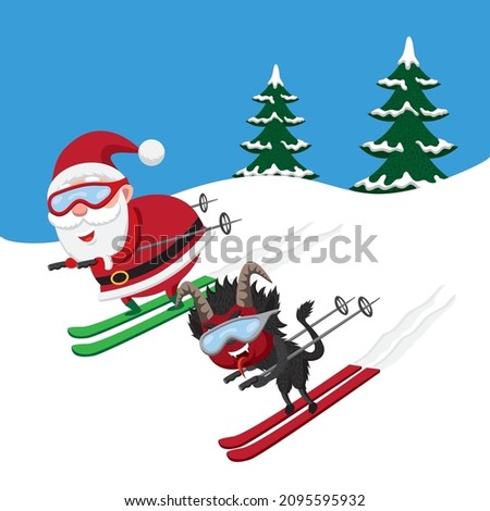 Cute cartoon vector illustration of Santa Claus and Krampus skiing