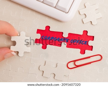 Conceptual caption Corporate Office. Conceptual photo home department that support primary departments indirectly Building An Unfinished White Jigsaw Pattern Puzzle With Missing Last Piece