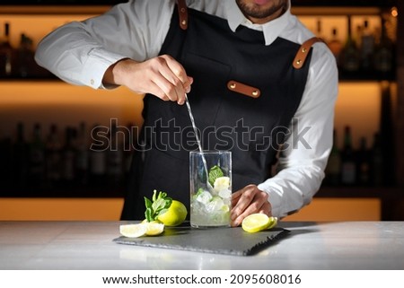 Barman preparing mojito cocktail. High quality photography.  Royalty-Free Stock Photo #2095608016