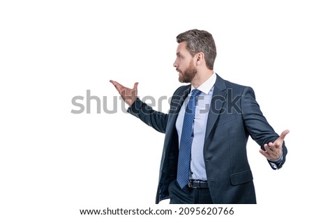 Gesticulating wildly. Businessman hold arms wide open gesticulating. Man with wide hand gesture Royalty-Free Stock Photo #2095620766