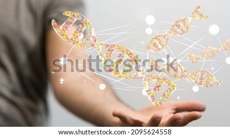 A 3D rendered DNA hologram on a person's hand