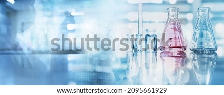scientist shadow with glass flask and beaker in medical health science of blue technology banner background Royalty-Free Stock Photo #2095661929