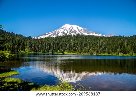 Scenic view of Mount Rainier reflected across the reflection lakes on a clear day