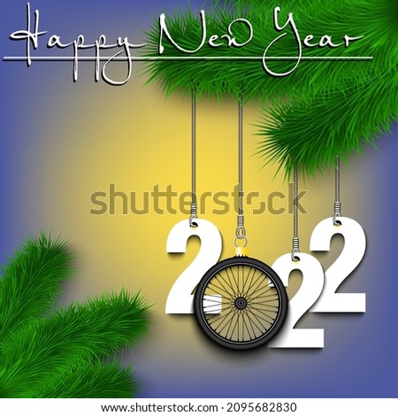 Happy New Year. Numbers 2022 and bike wheel as a Christmas decorations hanging on a Christmas tree branch. Design pattern for greeting card, banner, poster, flyer, invitation. Vector illustration