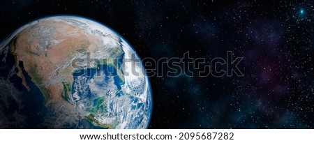 Planet Earth in the Starry Sky of Solar System in Space. Earth in the space. Blue planet for wallpaper. Green planet or Globe on galaxy. Elements of this image furnished by NASA