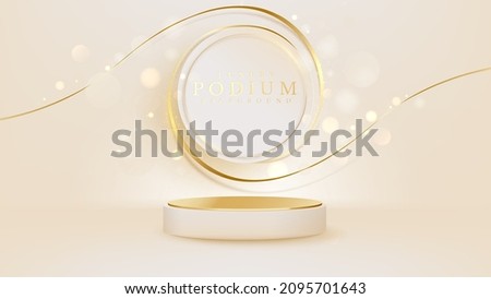Realistic cream color podium with gold ribbon elements with glitter light effect. Luxury banner background design.