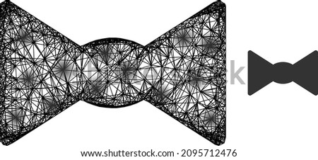 Vector net bow tie icon with spots. Geometric hatched frame 2D network based on bow tie icon, generated with crossing lines, with round spots.