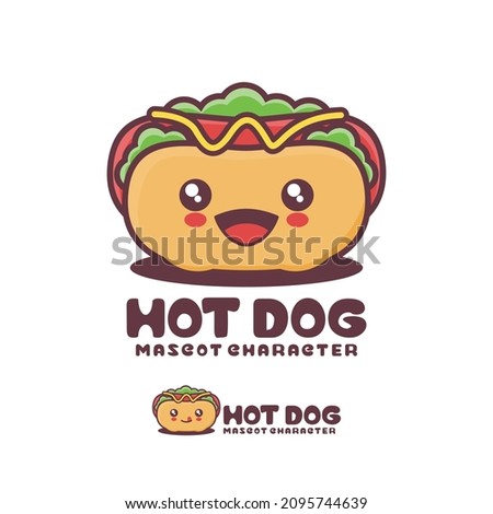 vector hot dog cartoon mascot, with a happy expression, suitable for, logos, prints, stickers, etc, isolated on a white background.