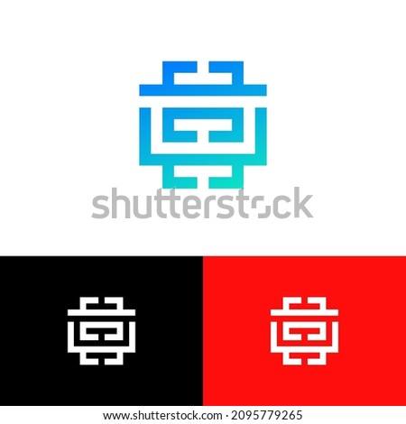 Robot machine logo design concept. Data company brand logomark illustration. Can representing code, crypto, metaverse, system, forex, trading.