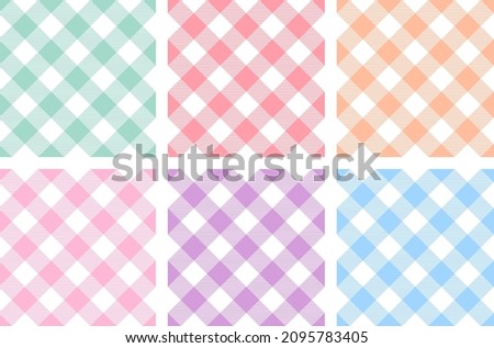 Gingham pattern set in pastel colors - pink, blue, purple, red, orange, green. Seamless vector cute plaid pattern for packaging design, fabric and wrapping paper design. 