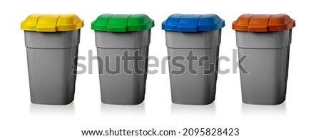 Recycling bins. Yellow, green, blue and brown dustbin for recycle plastic, paper and glass can trash isolated on white background.  with clipping path
