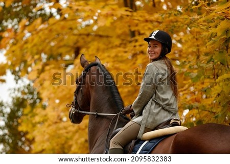 Beautiful brunette on a horse on the background of an autumn landscape. Horseback riding, active horseback riding