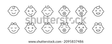 Faces of happy boys and girls emoji set. Line icons of baby of different gender. Editable stroke. Royalty-Free Stock Photo #2095837486