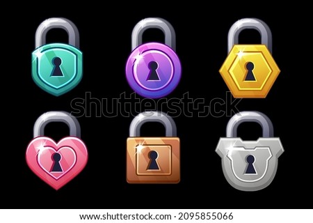 Game icon multicolored metal closed lock shapes square round and hearts. Royalty-Free Stock Photo #2095855066