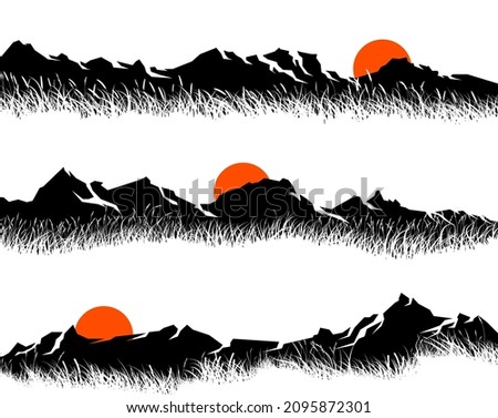 Set of vector horizontal banners with black silhouettes of mountain range, white grass on it and red sun.
