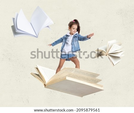 Contemporary art collage of little girl, child, standing on open book and flying isolated over beige background. Concept of education, childhood, imagination, discovery, artwork, inspiration and ad