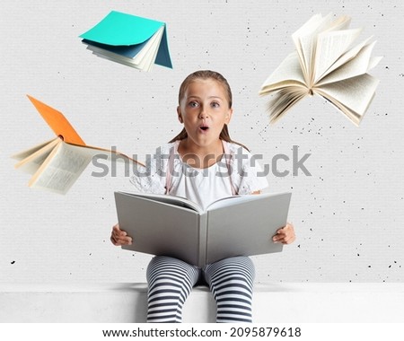 Creative collage of curious girl sitting and reading around flying books isolated over light gray background. Concept of education, childhood, imagination, discovery, artwork, inspiration and ad