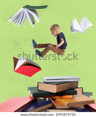 Creative contemporary art collage of little boy, child falling into books isolated over green background. Concept of education, childhood, imagination, discovery, artwork, inspiration and ad