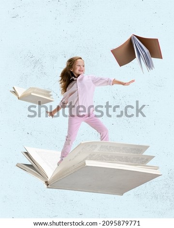 Contemporary art collage of little cheerful girl, child surfing on open book isolated over light blue background. Concept of education, childhood, book reading, discovery, artwork, inspiration and ad