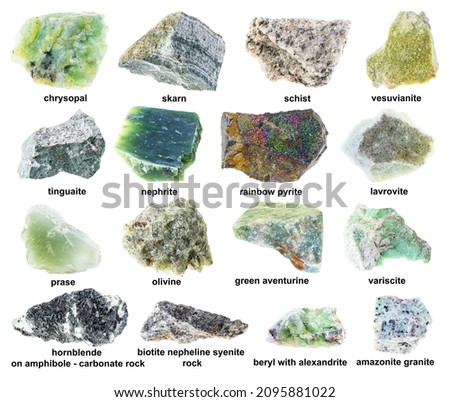 set of various rough green stones with names cutout on white background