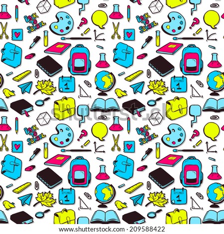 Seamless pattern with various elements for school. Vector seamless texture for wallpapers, pattern fills, web page backgrounds