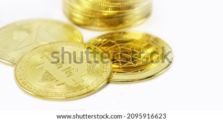 Baner Bitcoin Cryptocurrency ,Panorama of gold coins , mining , future money