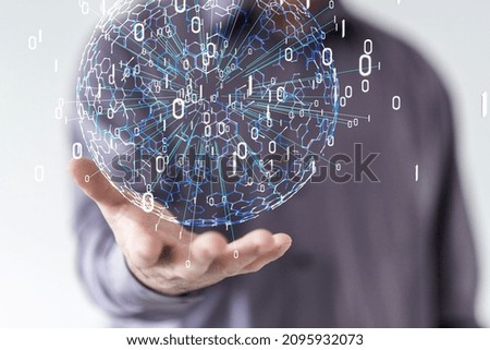 A 3D rendering of global digital connections floating on a businessman's hand