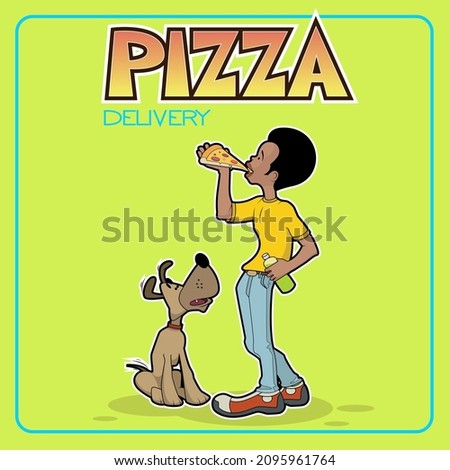 Young boy eating pizza. For sticker , t shirt print