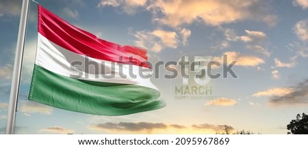 Hungary national flag cloth fabric waving on the sky with beautiful sky - Image