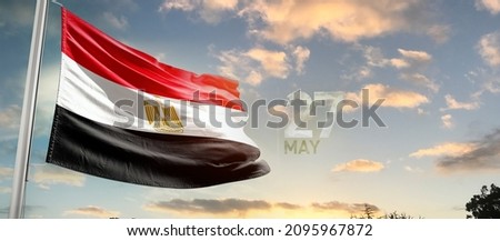 Egypt national flag cloth fabric waving on the sky with beautiful sky - Image