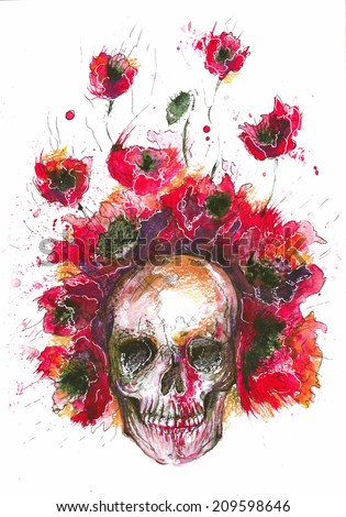 Watercolor of the skull and poppies in red