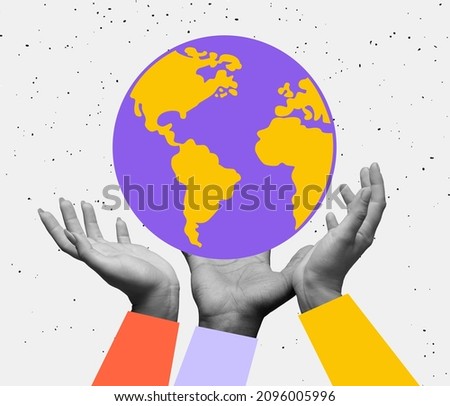 Support. Contemporary art collage, modern design. Abstract earth globe in human hands. Idea. imagination, creativity. Happy Earth Day. Theme of saving planet, human hands protect our earth. Royalty-Free Stock Photo #2096005996
