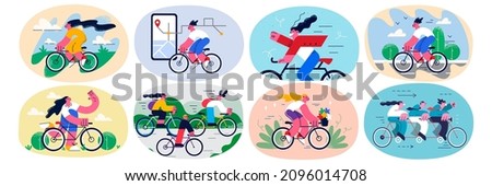Set of young people have fun relax riding bicycle on weekend. Bundle of diverse men or women rest do sports physical activity enjoy bike ride outdoors. Leisure and hobby. Vector illustration. 