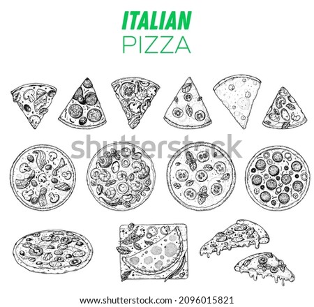 Italian Pizza. Top view. Design template. Pizza sketch. Hand drawn vector illustration. Different pizza. Packaging or menu. Black and white