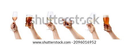 Collage of male hands holding different alcohol glasses isolated on white background. Wine, whiskey, rum, cognac degustation. Concept of alcohol, drink, party, degustation, holiday. Copy space for ad Royalty-Free Stock Photo #2096016952