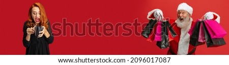 Collage of two people, excited woman, shopacholic and cheerful man in Santa Claus costume isolated over red background. Concept of holidays, sales, present, shopping, Balck Friday, Christmas and ad