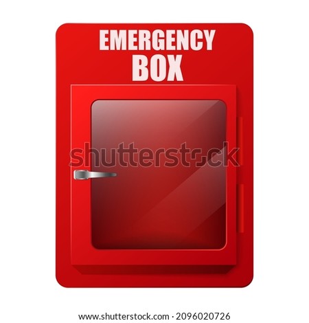 Red emergency box template. Storage for rescue equipment and emergency alarm first aid hazard warning and vector evacuation signal. Royalty-Free Stock Photo #2096020726