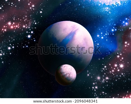 Planet with a satellite in space. An exoplanet with a moon surrounded by clusters of stars and nebulae. Space landscape. 