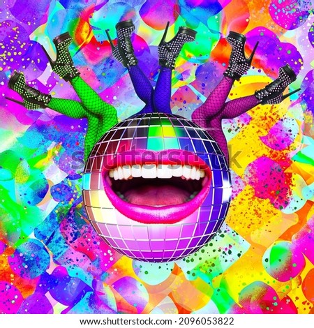 Contemporary digital collage art. Disco colorfull crazy style. Fashion, party,clubbing concept
